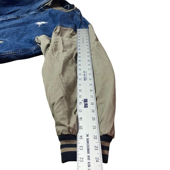 No Fear Varsity Jacket Mens L Denim Blue Beige Sleeve 90s Y2K Streetwear Retro - Picture 8 of 13